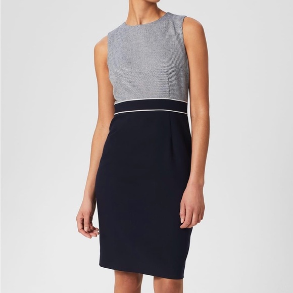 NWT Hobbs London Blue and White Tweed Knit Knee-Length Sheath Dress for Work - Picture 1 of 11
